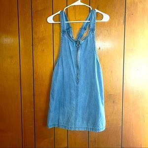 Element denim jumper dress with pink and white stripes down the side and pockets